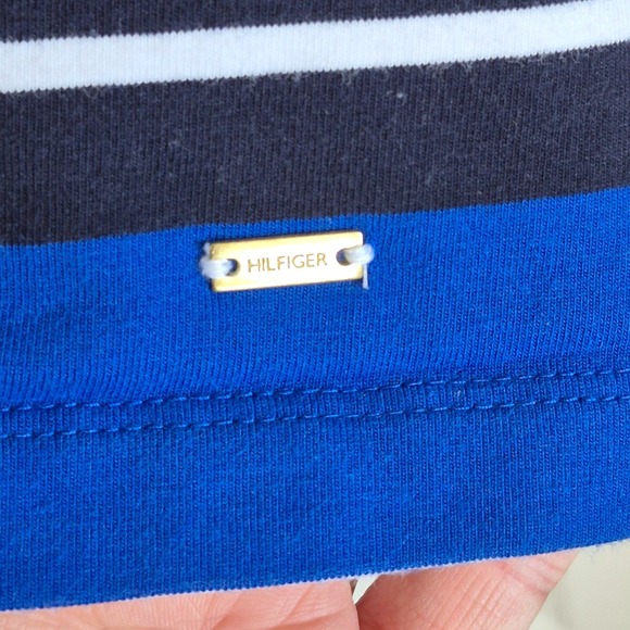 Tommy Hilfiger white blue black stripe dress with faux leather belt womens XS - Picture 3 of 10